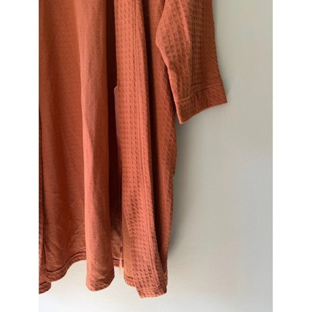 Waffle Knit Joy Women L Rust Orange Robe Open Front Textured Pockets Lounger - Picture 5 of 9